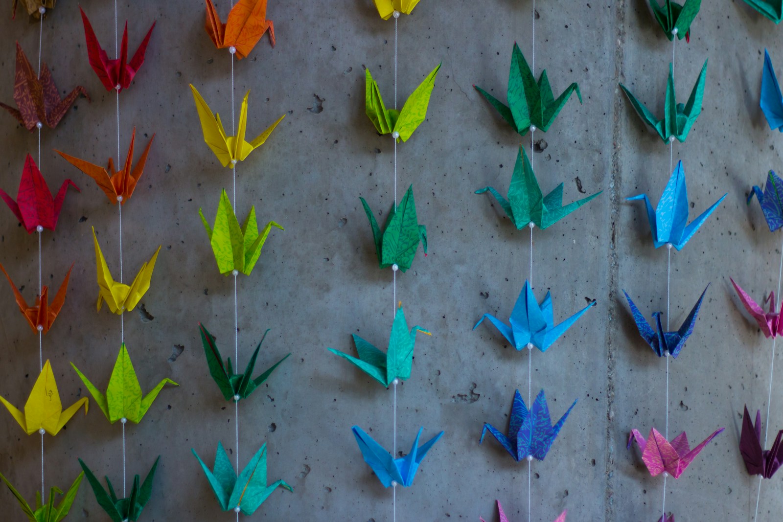 a group of origami birds hanging on a wall